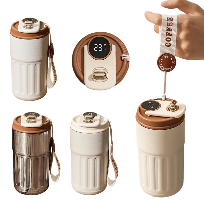 Portable vacuum insulated coffee mug thermos with digital display and lid, shown in multiple angles