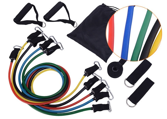 Portable fitness rally resistance band set with drawstring pouch, multicolor bands, and black straps