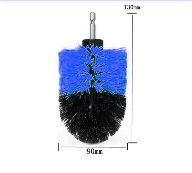 Electric drill cleaning brush attachment with blue bristles and black brush head