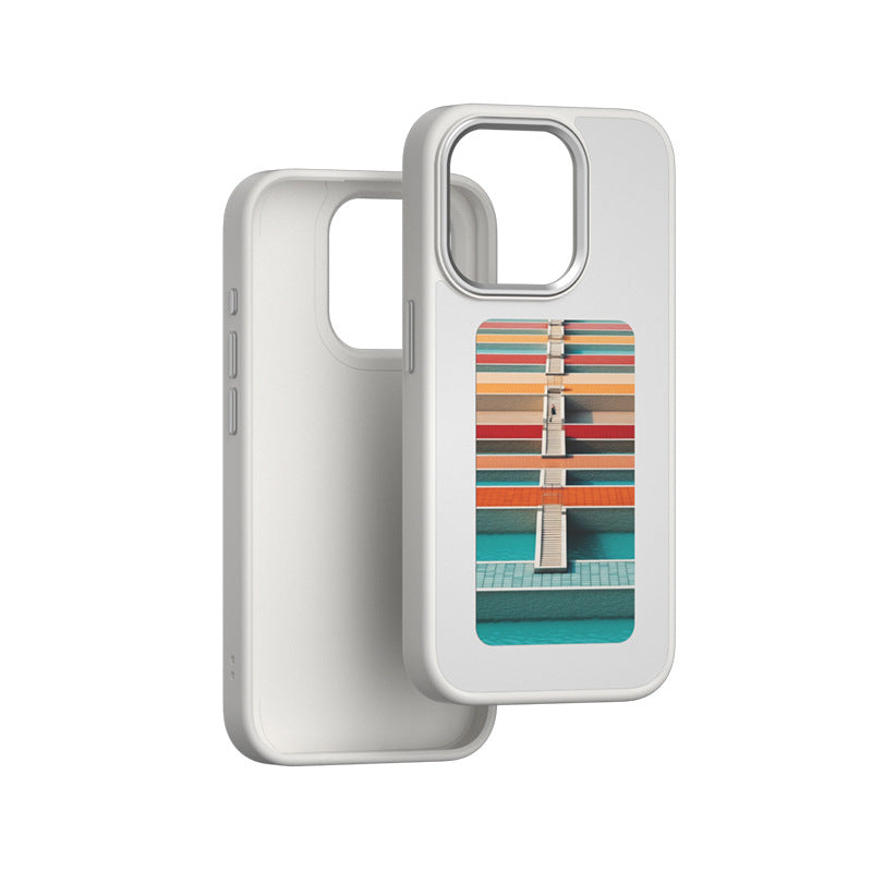 Phone case display screen with city-style window graphic, shown in light gray/white.