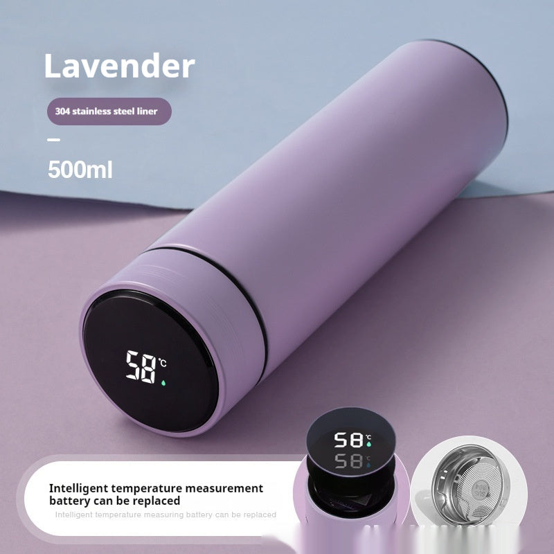 Lavender insulated bottle with round smart temperature display and black base cap