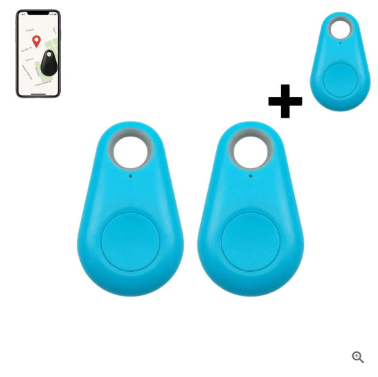 Two blue Bluetooth anti-lost finders with keyring holes and circular buttons