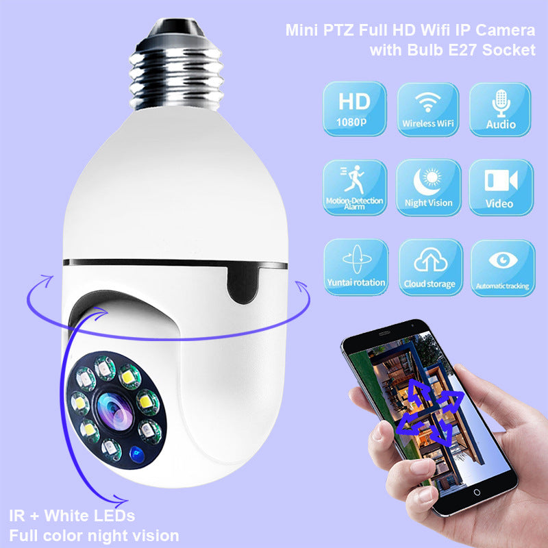 WiFi security camera bulb with E27 screw base and visible LED lens array