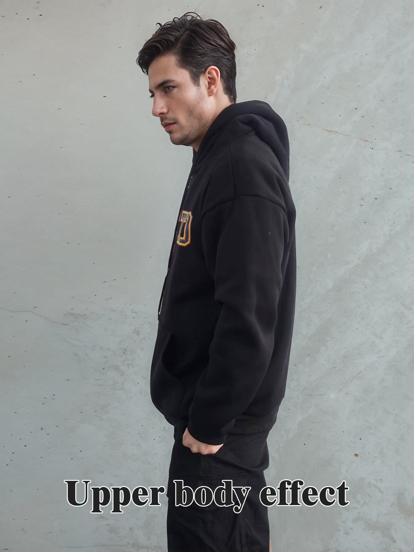 Black long-sleeve hoodie, side view with hood and small chest logo print