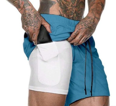 Compression shorts with phone pocket, blue with white pocket panel, elastic waistband