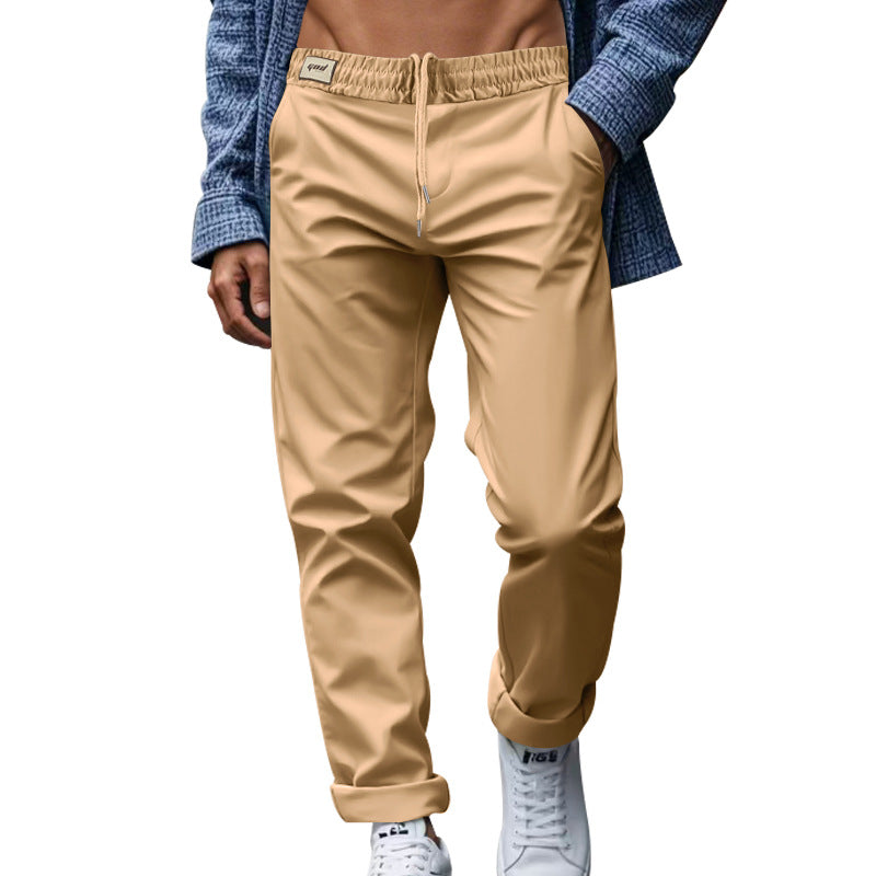 Men's casual trousers with pockets, drawstring waist, tan khaki