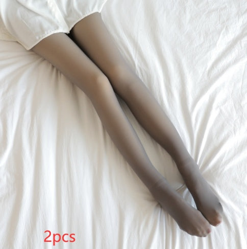 Fleece-lined plus size pantyhose, light brown sheer look, full-length legs