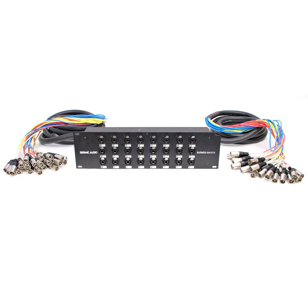 16-channel XLR/TRS combo splitter rack panel with two cable trunks and connector ends