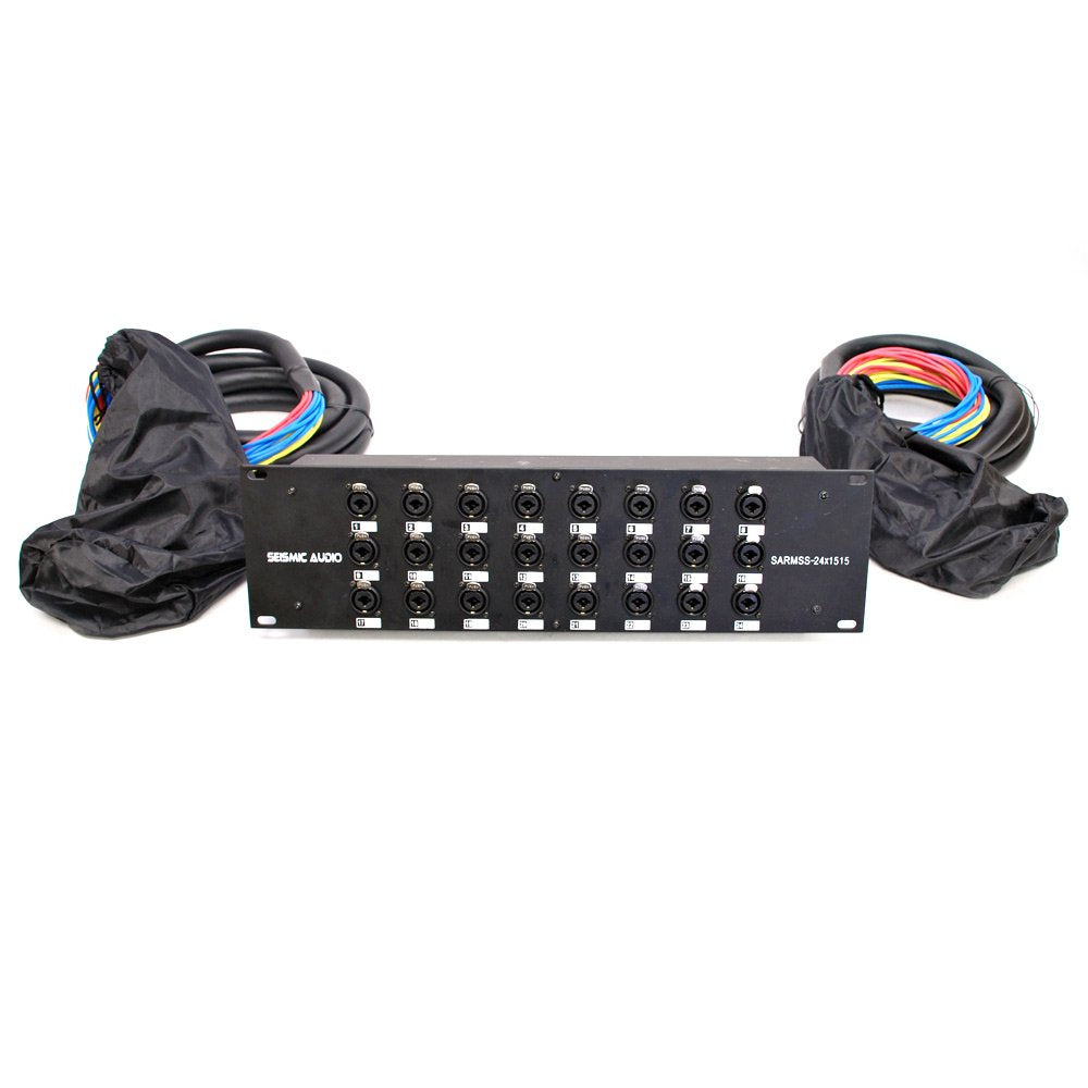 Rack-mount splitter snake front panel with black cable covers on both trunk ends.