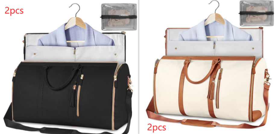 Set of two travel duffle bags: black and white, each with hanging garment organizer