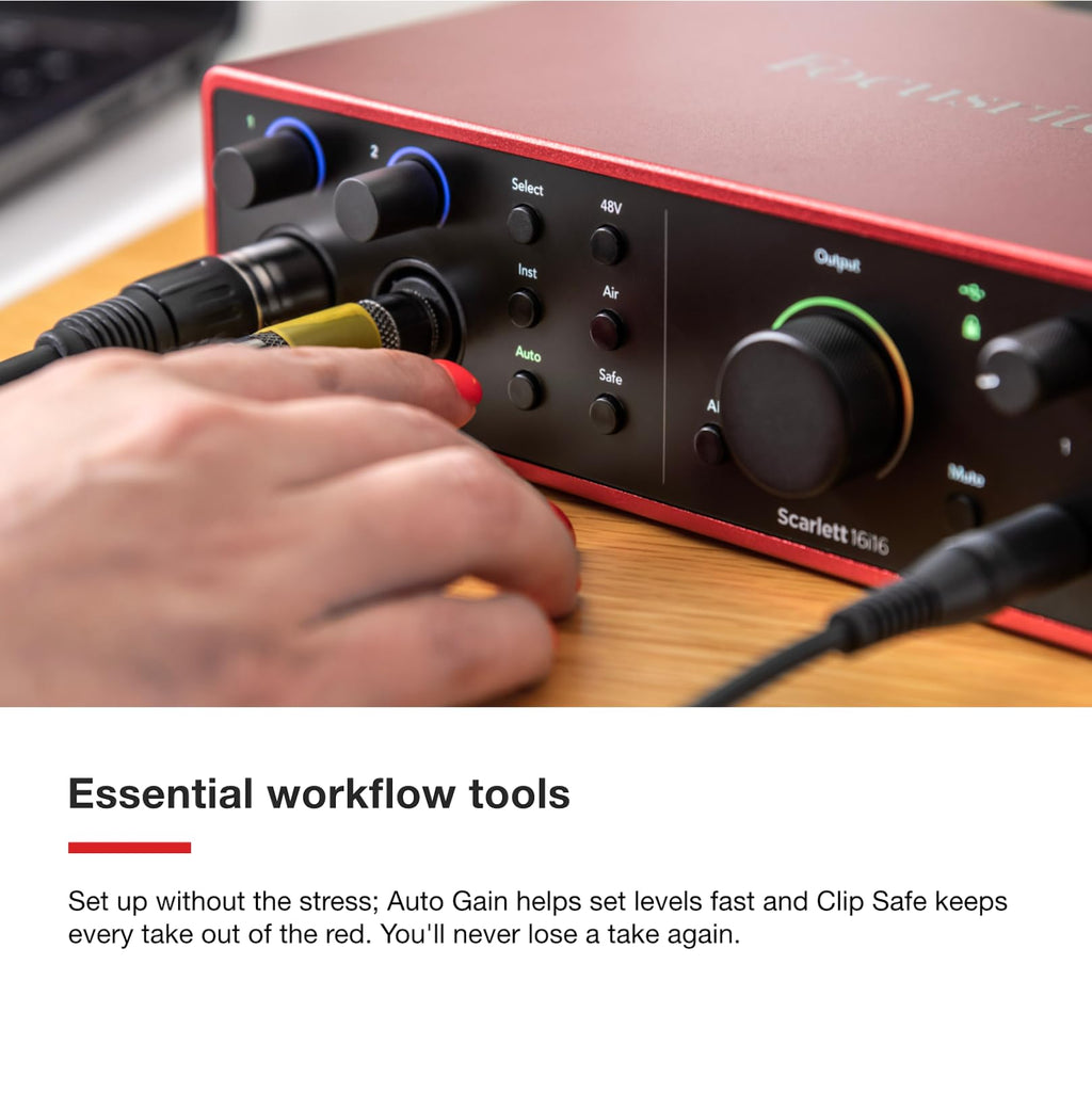 Focusrite Scarlett 18i16 USB audio interface close-up, red panel with multiple knobs and buttons