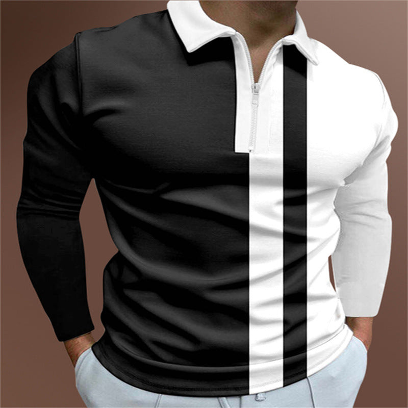 Men’s polo shirt with black-and-white vertical stripe panel; short sleeves, zip neck, white collar.