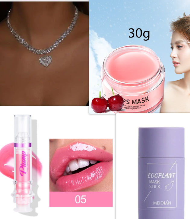 Lip care set collage: pink lip mask jar, lip swatch, and purple stick