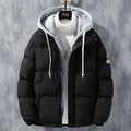 Men’s black hooded puffer jacket, front view with full zipper and drawstring hood