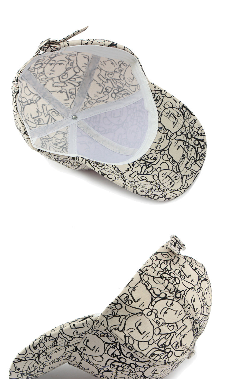 Beige retro peaked cap with face graffiti pattern and mesh back panel