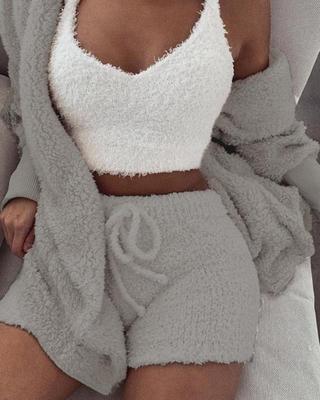 Gray fuzzy pajama set: cropped tank top, drawstring shorts, long-sleeve cardigan