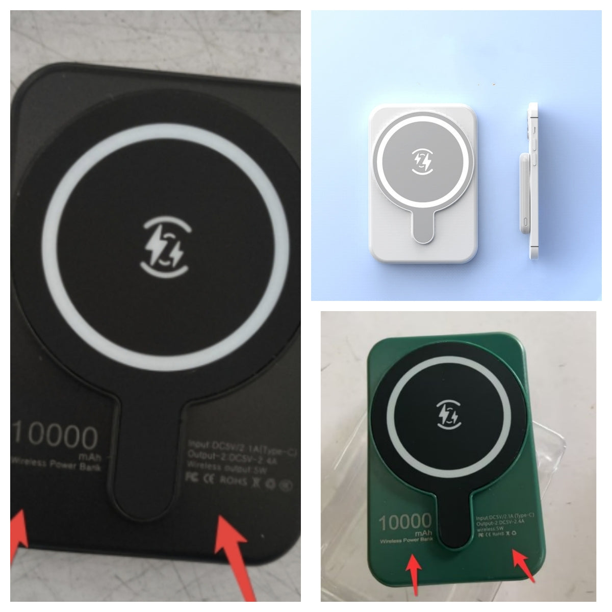 Mini magnetic wireless power bank set, black close-up plus white and green with charging puck.