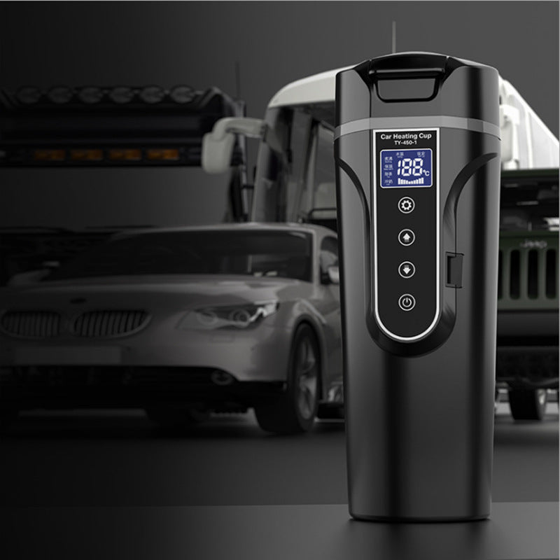 Black insulated car heating cup with digital temperature display and buttons