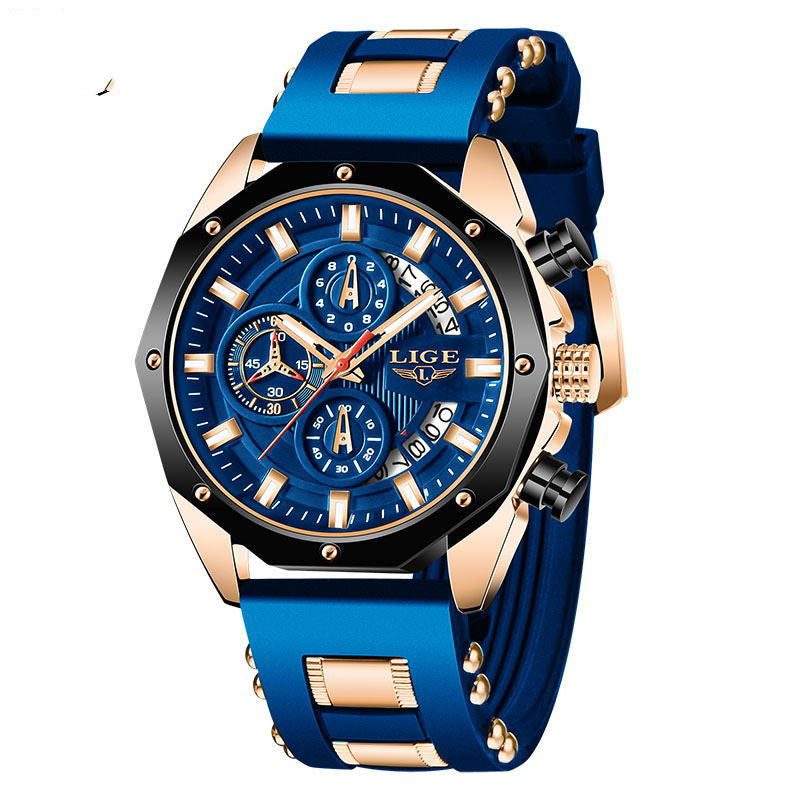 Blue silicone sport watch with multi-dial chronograph and gold-tone bezel