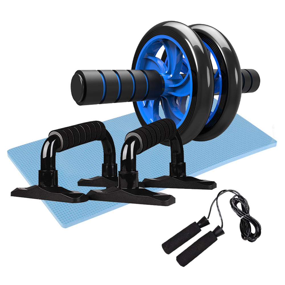 Ab wheel with four support stands on mat, plus handles and resistance cord