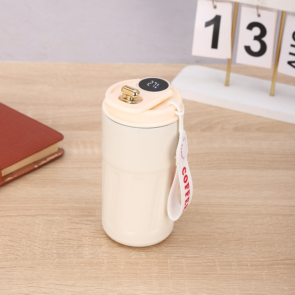 450ml insulated thermal bottle with white body, cream top, digital temperature display