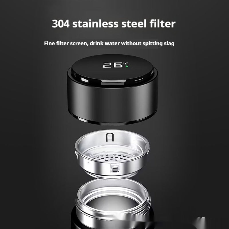 Stainless steel bottle lid and filter insert with fine mesh and temperature readout