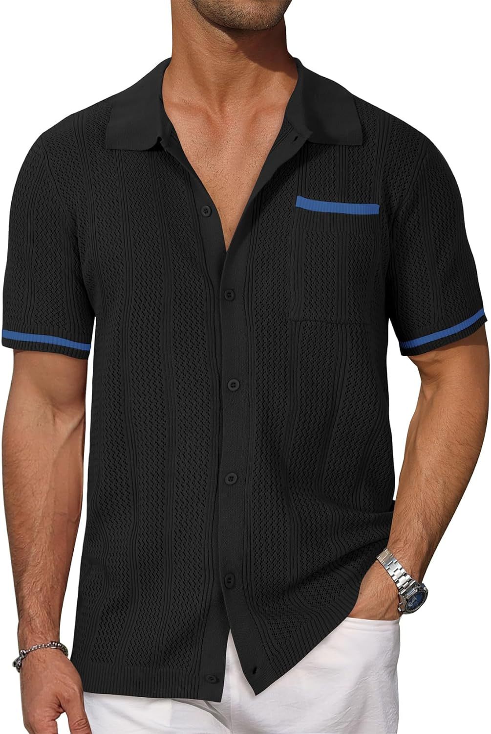 Men’s short-sleeve knit shirt, black, button-front with chest pocket and blue contrast trim.