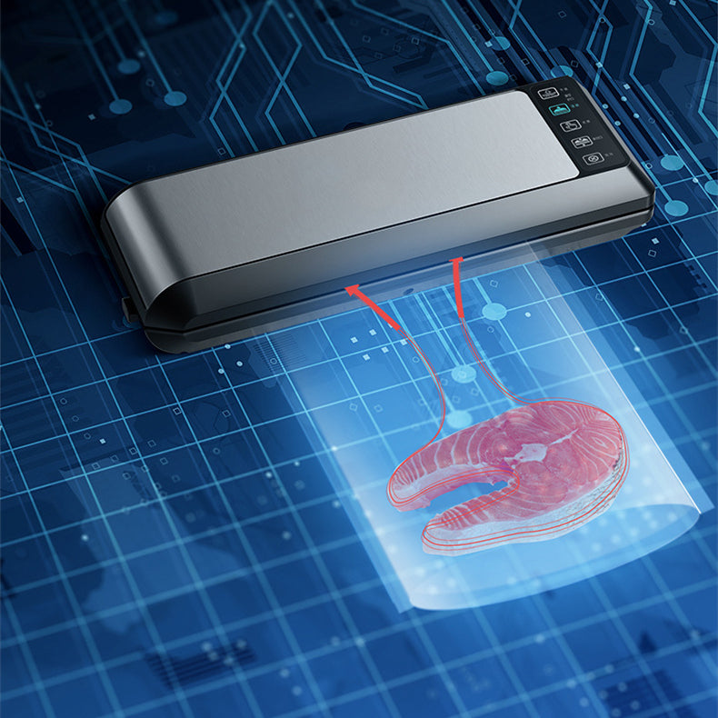 Black vacuum sealer lid sealing food bag over blue digital interface