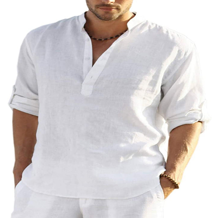 Men's cotton-linen short-sleeve shirt, white, loose fit, stand collar placket