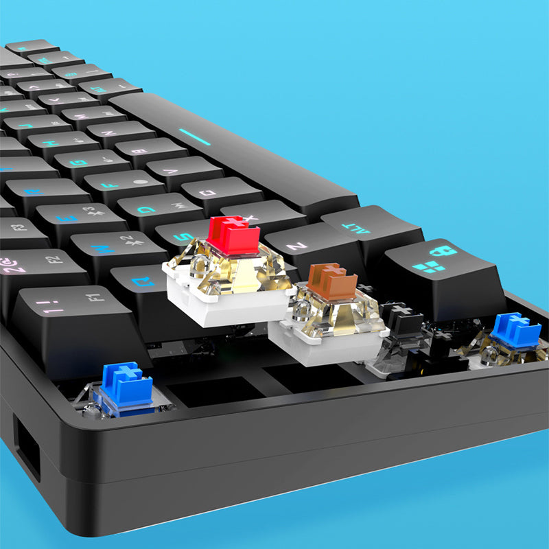 Mechanical keyboard with visible switch internals and RGB backlit keycaps on a dark base.