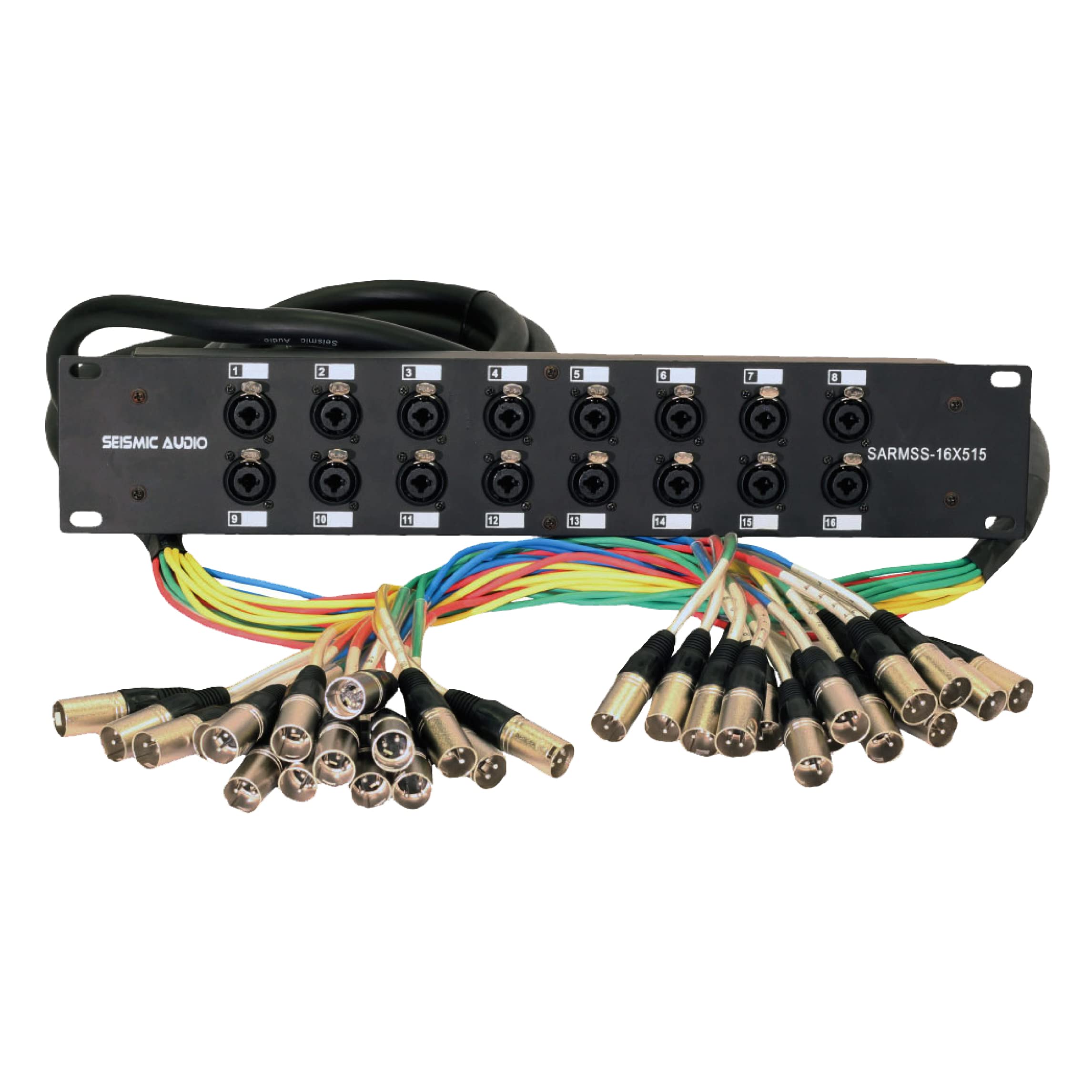 16-channel XLR/TRS combo splitter with rack panel and bundled audio connector cables