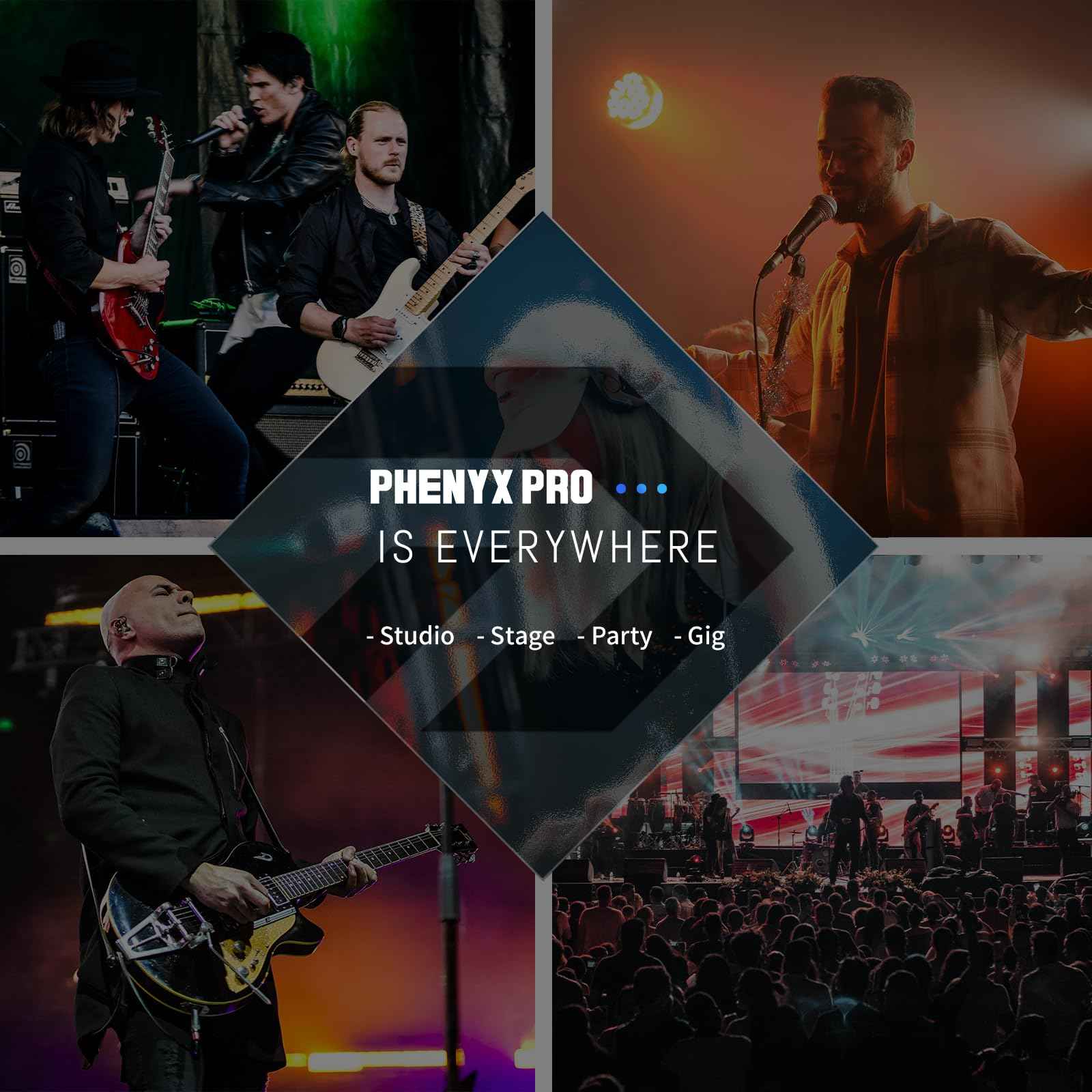 Phenyx Pro wireless in-ear monitor system promotional graphic with transmitter and receivers