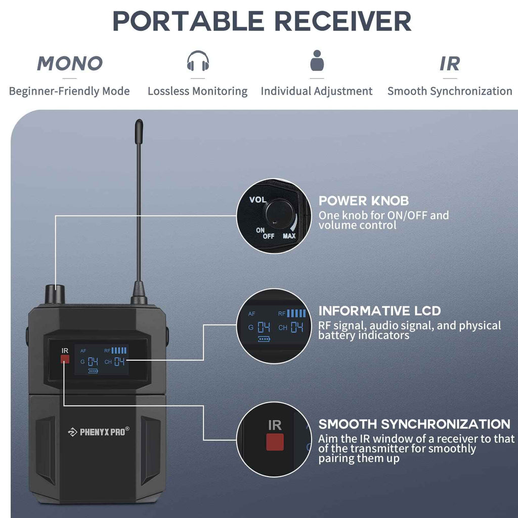 Phenyx Pro portable receiver with antenna, IR window, LCD indicators, and volume power knob