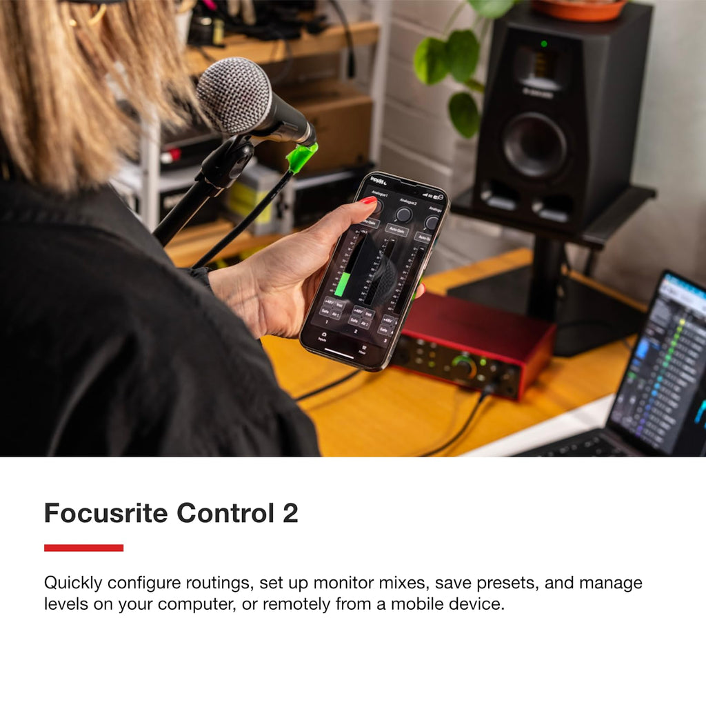 Red Focusrite Scarlett 18i16 USB audio interface with Control 2 app on phone