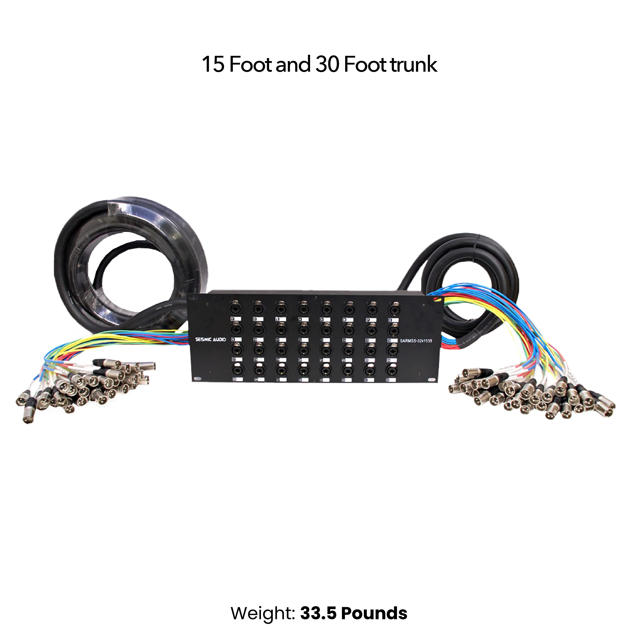 Rack-mount audio splitter snake box with multicolor cable and XLR/TRS trunk ends.