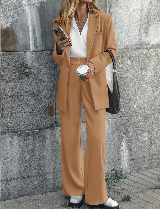 Women’s blazer and wide-leg trousers suit, light brown tan, with flap pockets