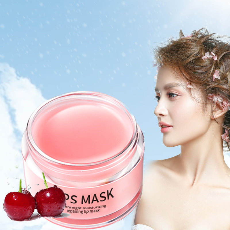 Pink lips mask jar with cherries and model side profile