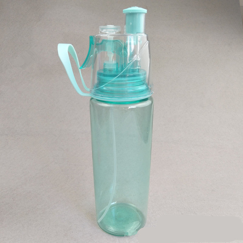 Spray water bottle with mist cup, translucent turquoise body and mint cap
