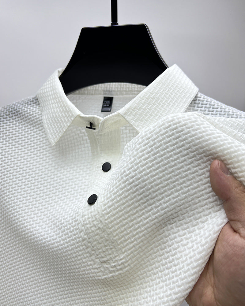 Men's textured mesh polo shirt in white, short sleeves and dark button placket