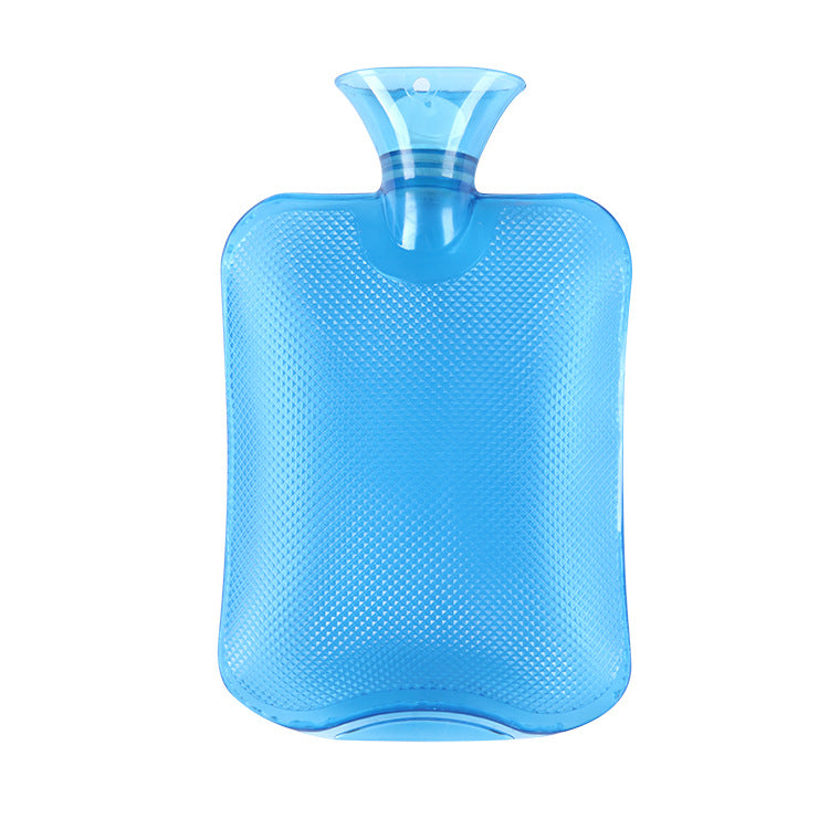 Blue hot water bottle with textured grip surface and neck stopper