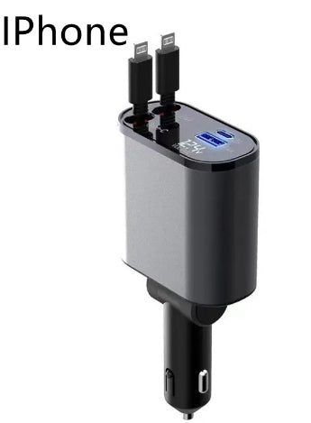 Car USB charger with two plug ends and dual ports, black-and-gray body