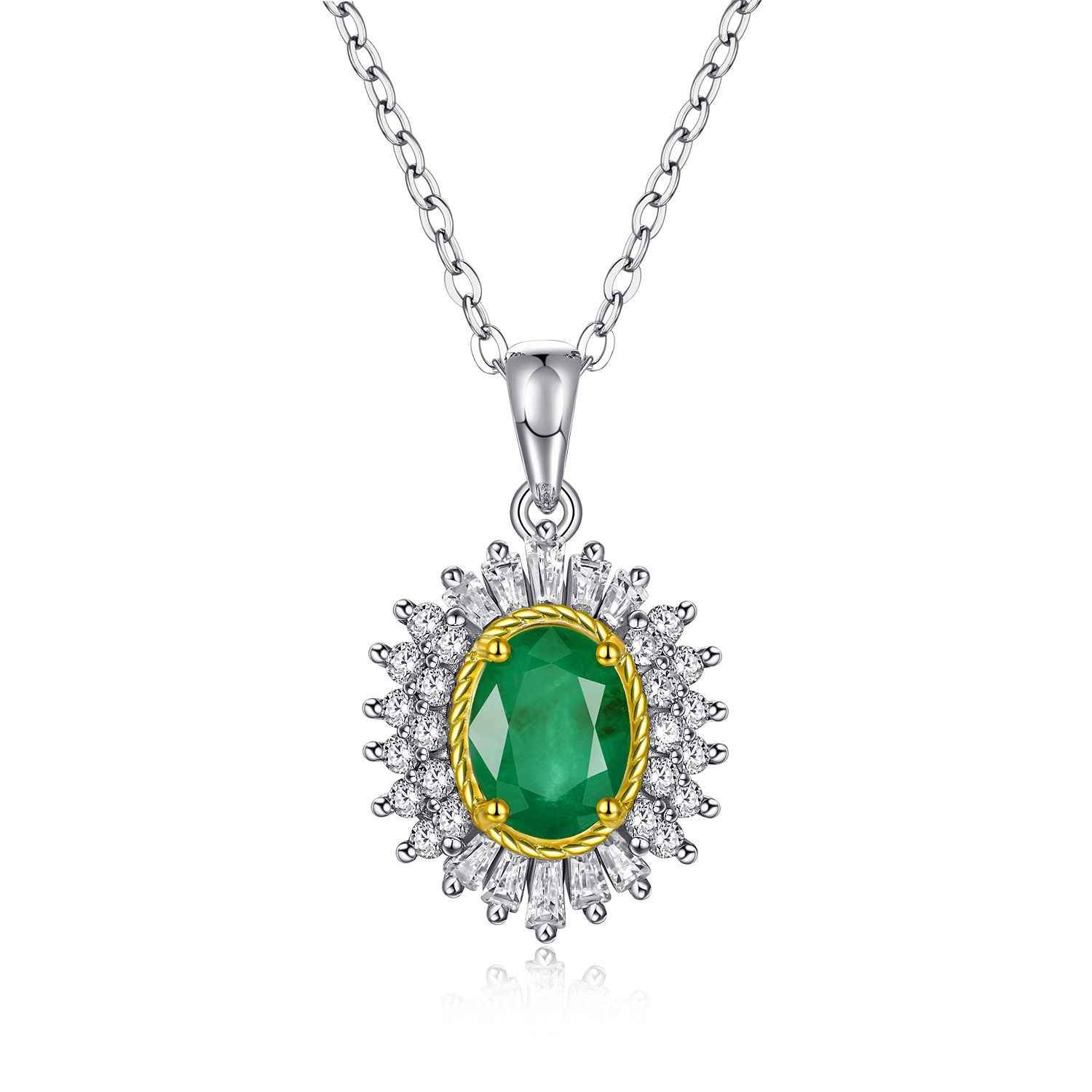 Silver pendant necklace with oval green gemstone center, gold bezel, crystal halo, full view