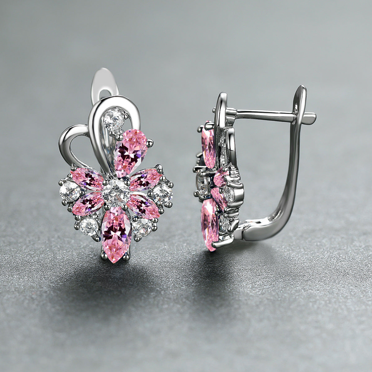Flower drop-shaped zircon earrings with pink and clear stones in silver-tone settings