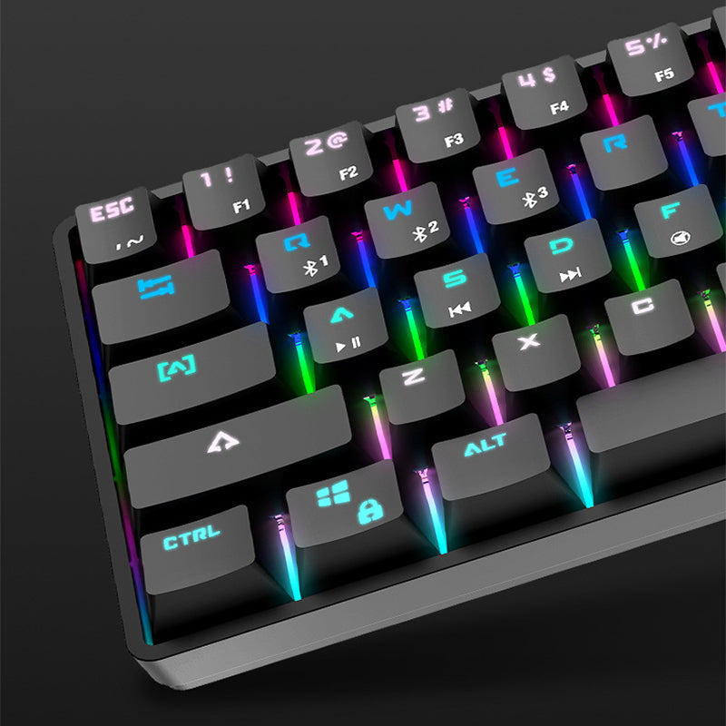 Mechanical keyboard angled view with multicolor RGB backlit keycaps on a dark frame.