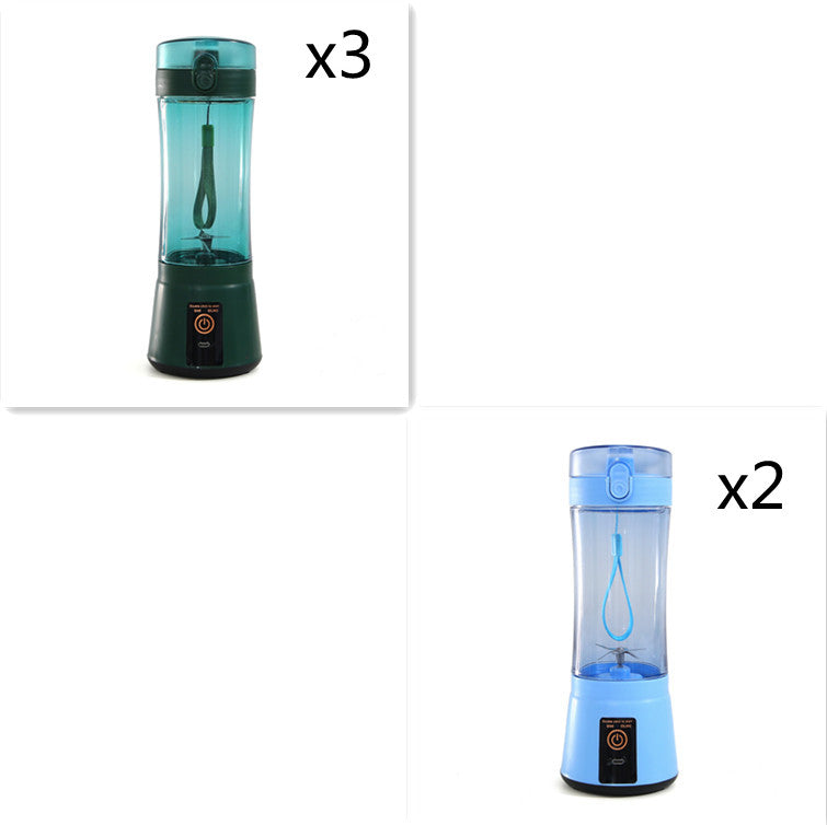 Portable mini blender set with teal and blue clear cups and black bases