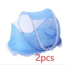Foldable baby bed net set, blue mesh tent with white trim, 2-piece view
