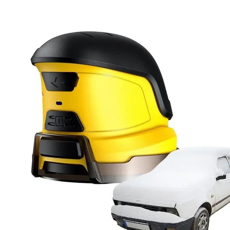 Yellow cordless electric snow scraper with black hood and front accessory slot