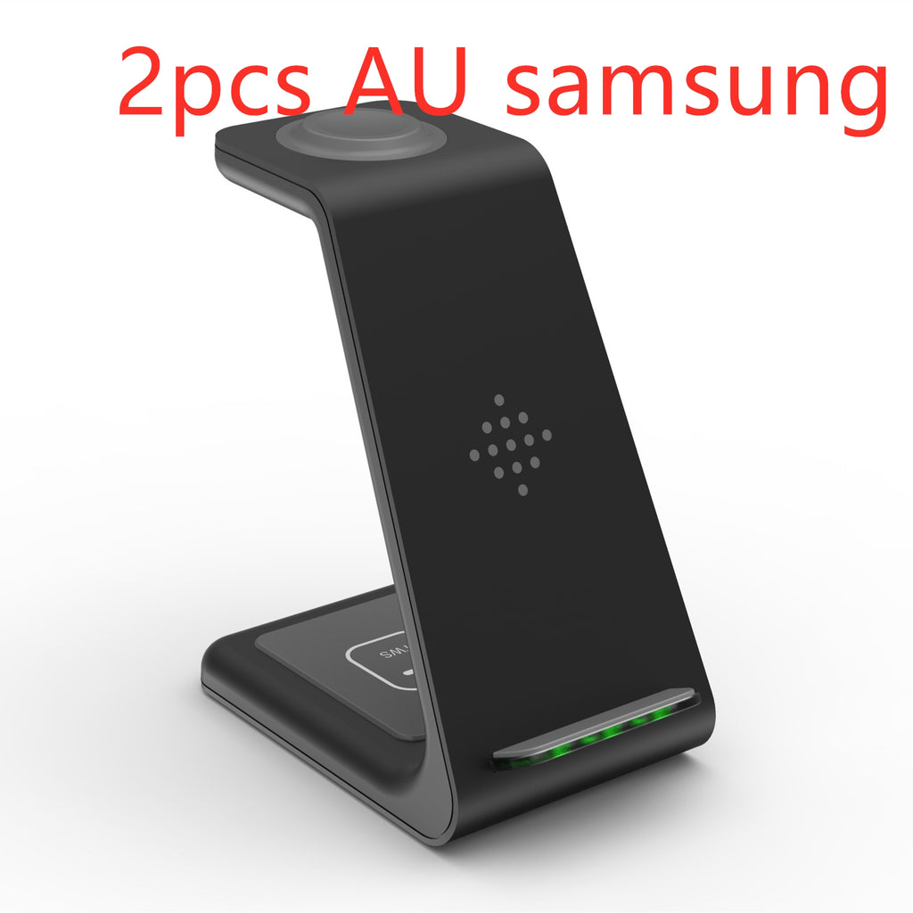 Wireless phone charger stand with vertical cradle, LED glow at base, dark finish.