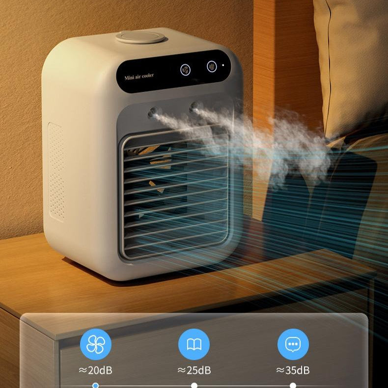 Portable mini air cooler with mist and blue airflow effect, white housing