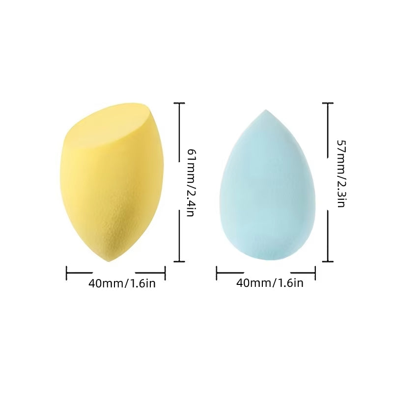 Teardrop makeup sponges, approx 40mm wide and 5mm thick, blue and yellow